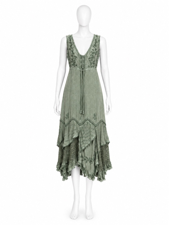 Unique Vintage Dresses & Skirts - 90s vintage Maxi Bohemian Smocked Dress Corset Peasant Embroidered Cottagecore